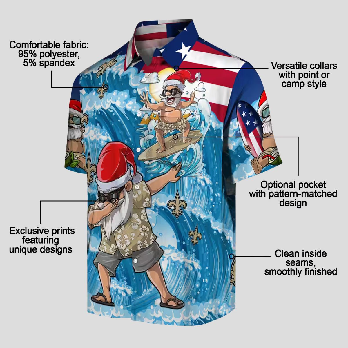 New Orleans Saints Blue Hawaiian Shirt, Funny Surfing Santa Button Up Shirt