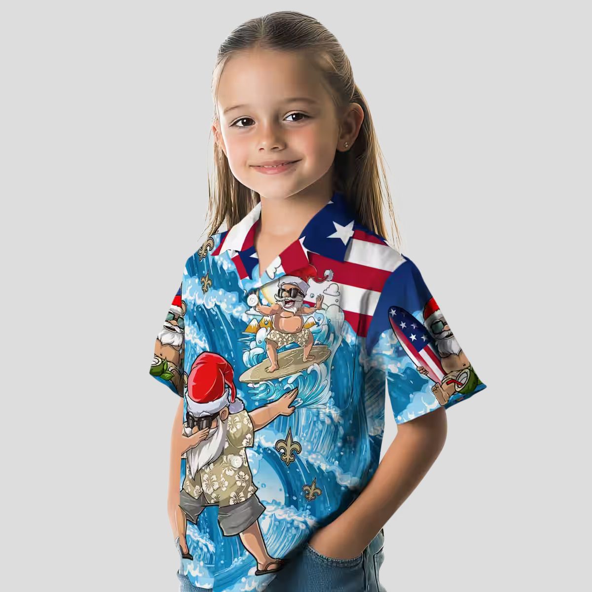 New Orleans Saints Blue Hawaiian Shirt, Funny Surfing Santa Button Up Shirt