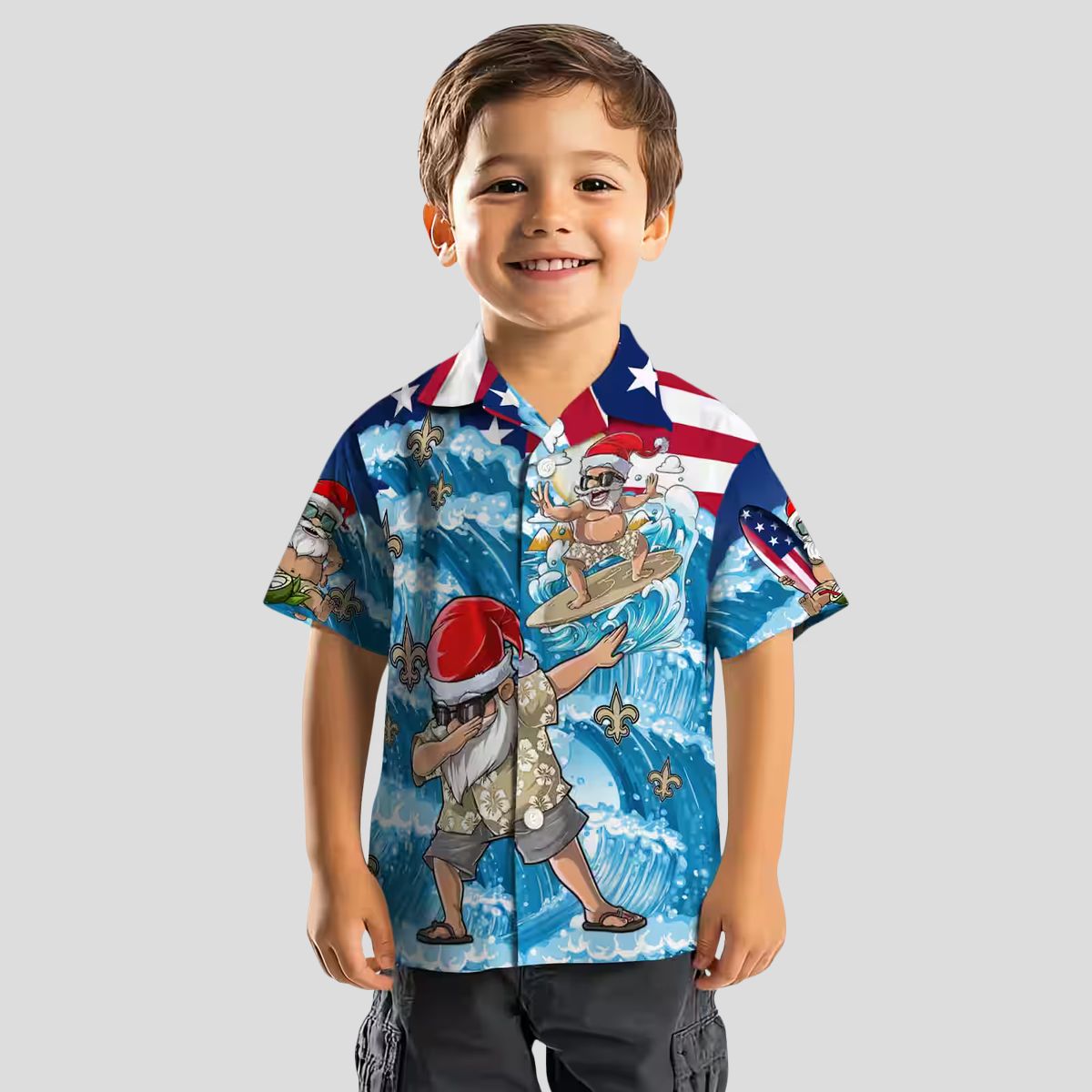 New Orleans Saints Blue Hawaiian Shirt, Funny Surfing Santa Button Up Shirt