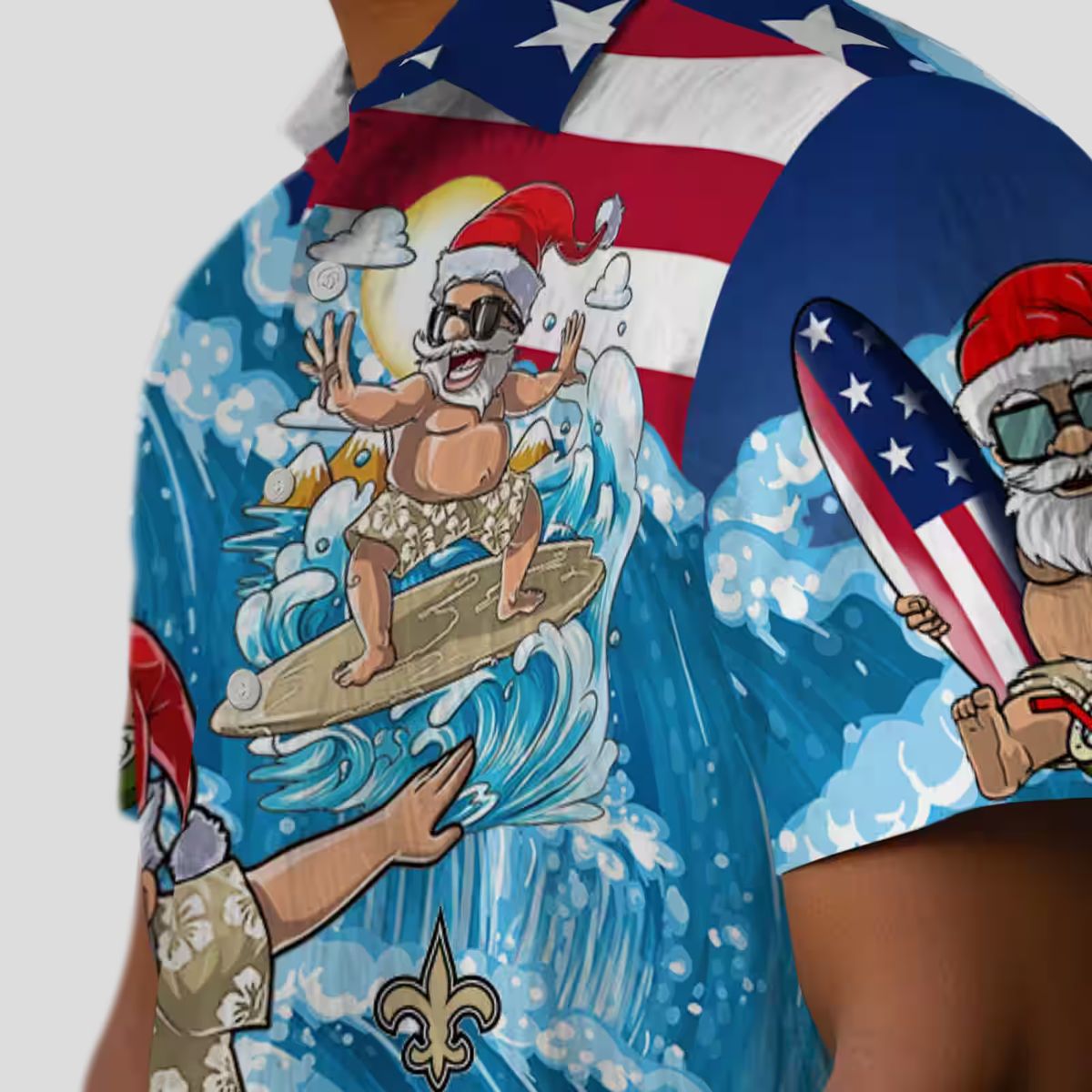 New Orleans Saints Blue Hawaiian Shirt, Funny Surfing Santa Button Up Shirt