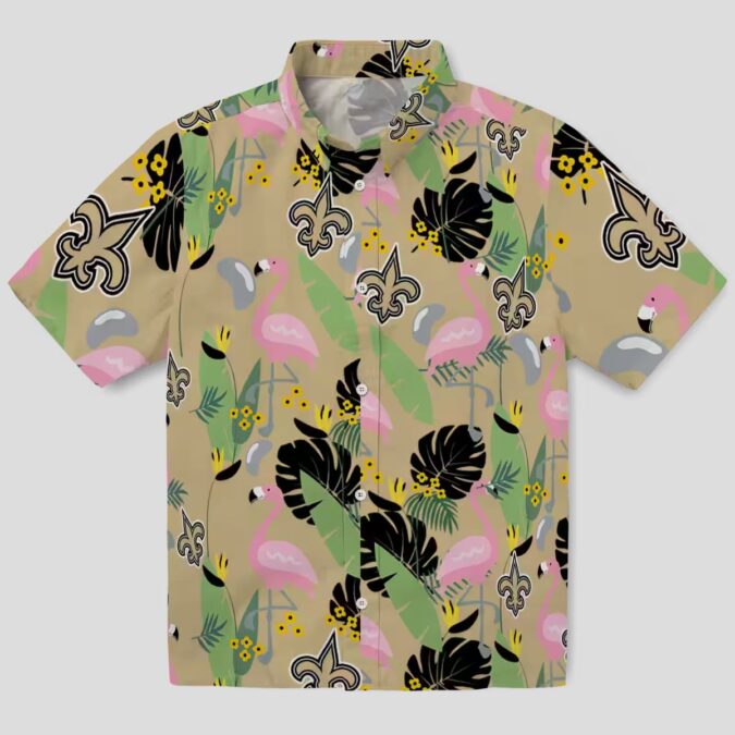 New Orleans Saints Flamingo Hawaiian Shirt, Gold Leaf Summer Fan Outfit