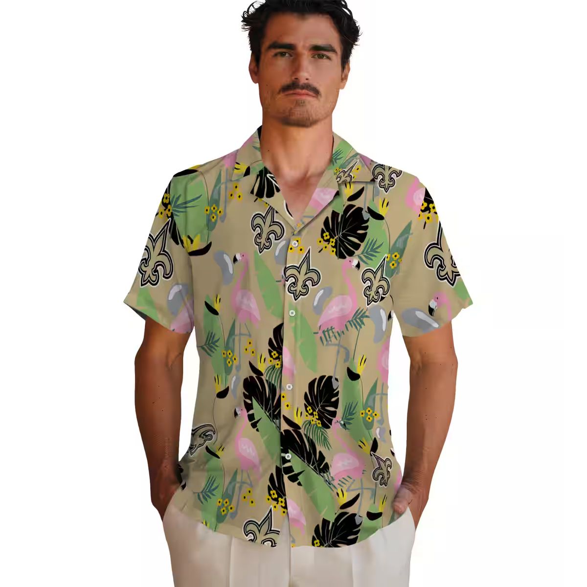 New Orleans Saints Flamingo Hawaiian Shirt, Gold Leaf Summer Fan Outfit