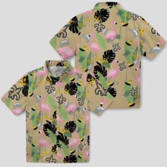 New Orleans Saints Flamingo Hawaiian Shirt, Gold Leaf Summer Fan Outfit
