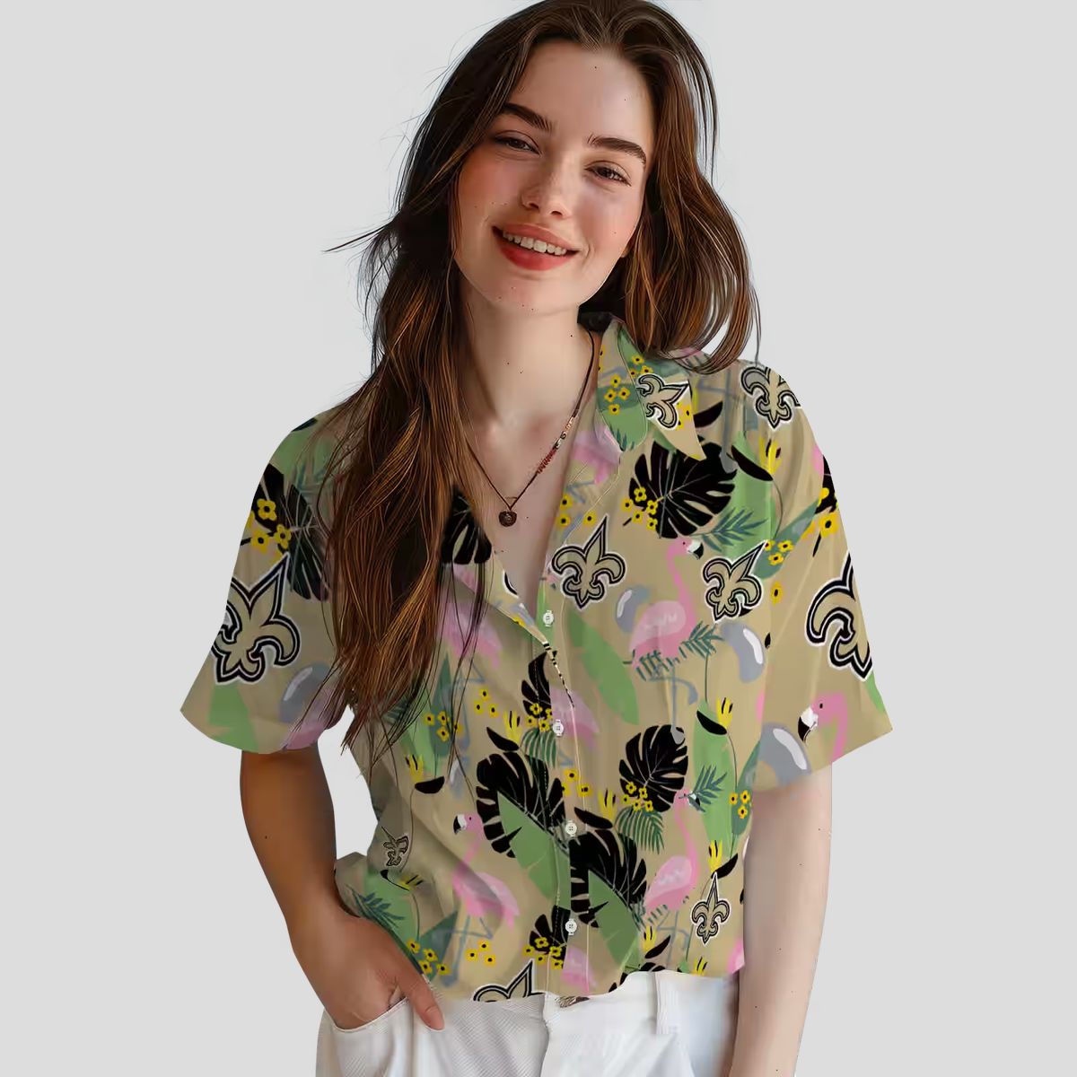 New Orleans Saints Flamingo Hawaiian Shirt, Gold Leaf Summer Fan Outfit