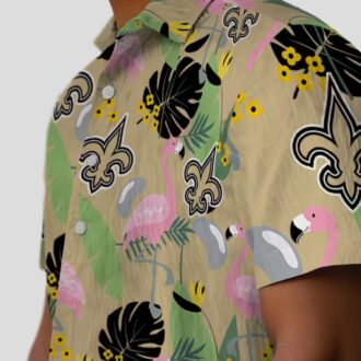 New Orleans Saints Flamingo Hawaiian Shirt, Gold Leaf Summer Fan Outfit