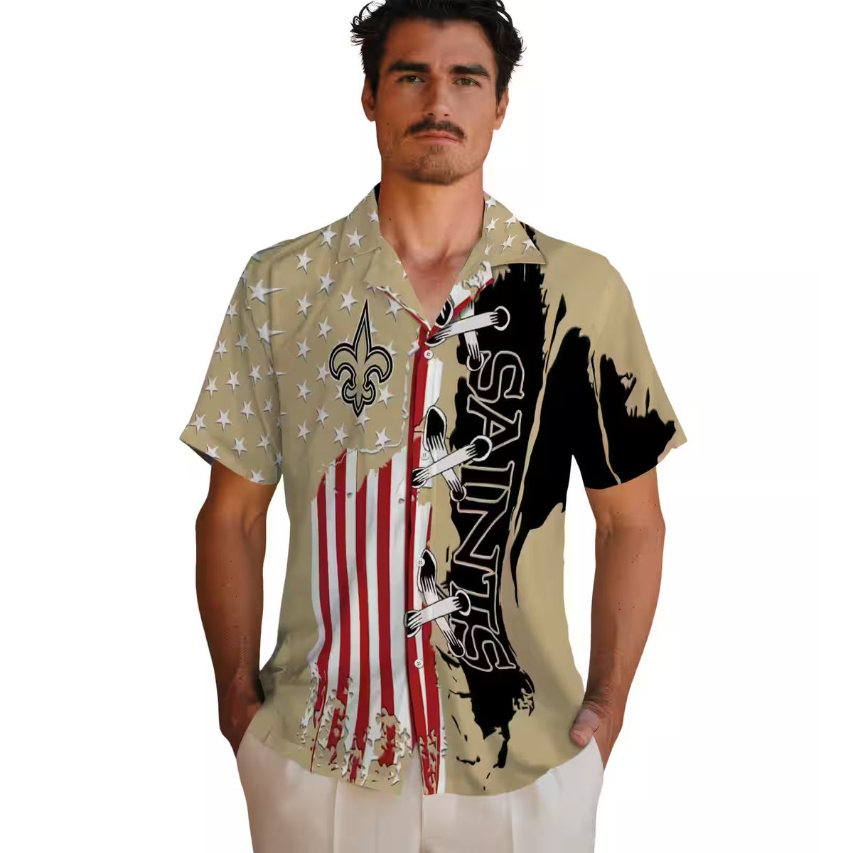 New Orleans Saints Gold Hawaiian Shirt, Stitched Flag NFL Aloha Shirt for Vacation