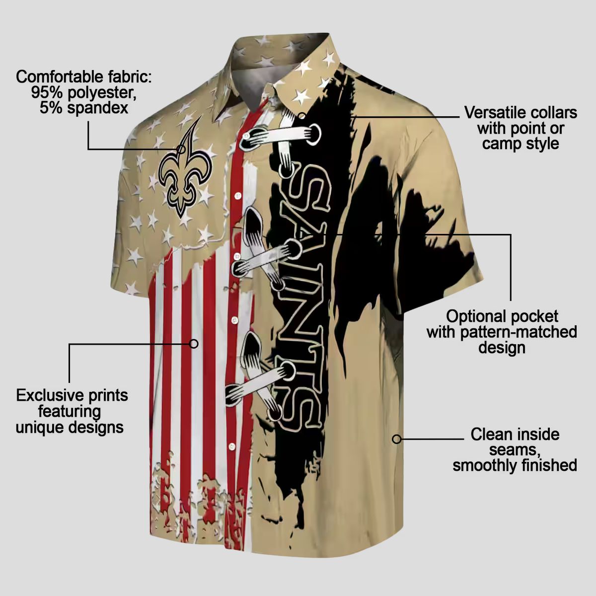 New Orleans Saints Gold Hawaiian Shirt, Stitched Flag NFL Aloha Shirt for Vacation