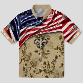 New Orleans Saints Gold Hibiscus Hawaiian Shirt - American Flag Design