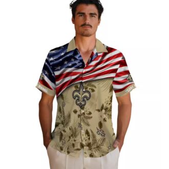 New Orleans Saints Gold Hibiscus Hawaiian Shirt - American Flag Design