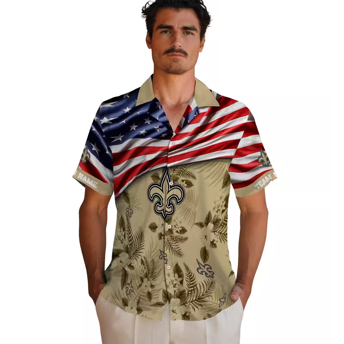 New Orleans Saints Gold Hibiscus Hawaiian Shirt - American Flag Design