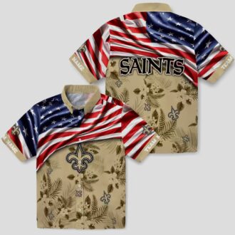 New Orleans Saints Gold Hibiscus Hawaiian Shirt - American Flag Design