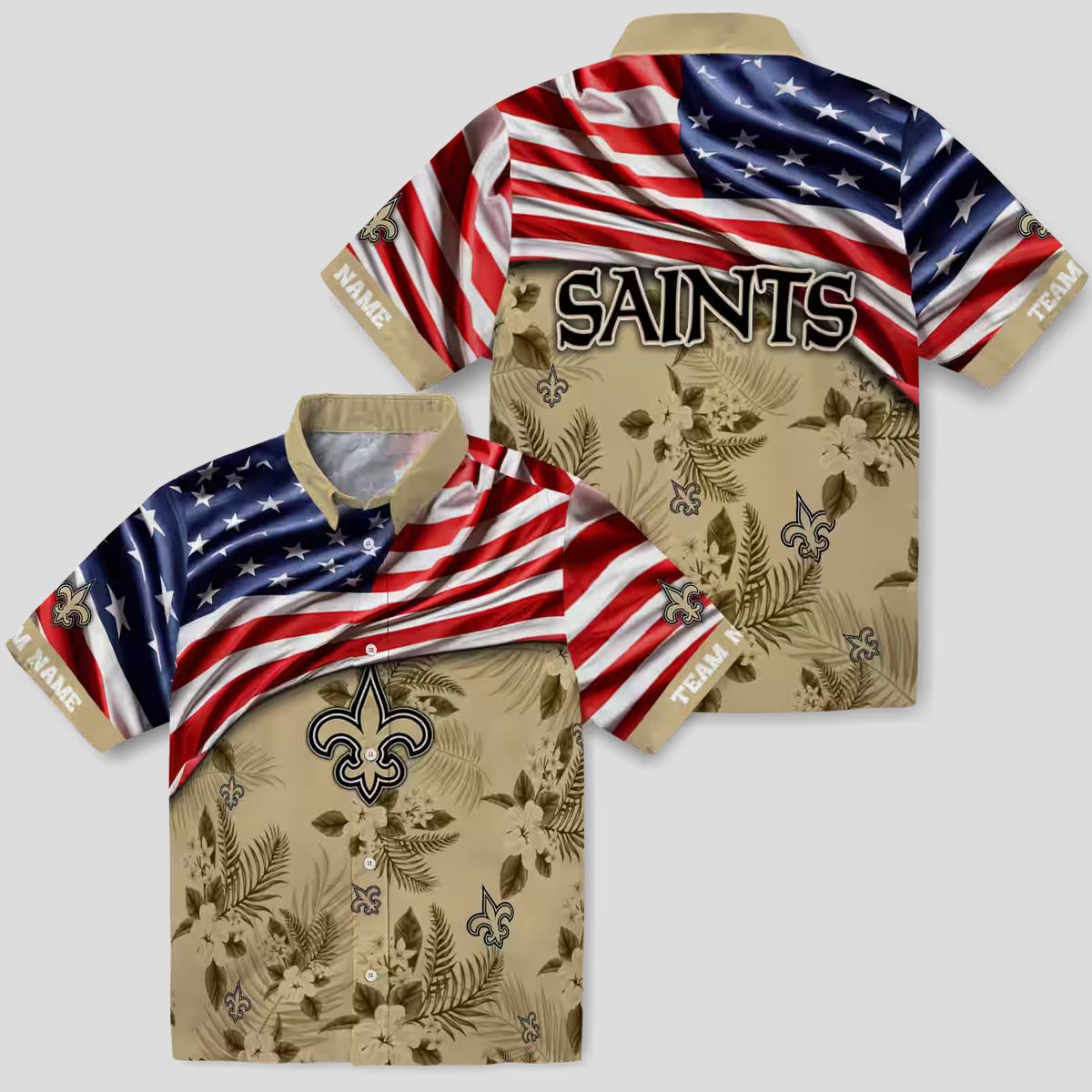 New Orleans Saints Gold Hibiscus Hawaiian Shirt - American Flag Design