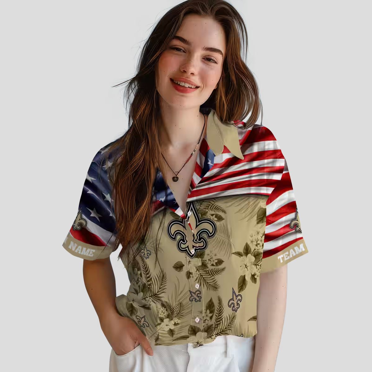 New Orleans Saints Gold Hibiscus Hawaiian Shirt - American Flag Design