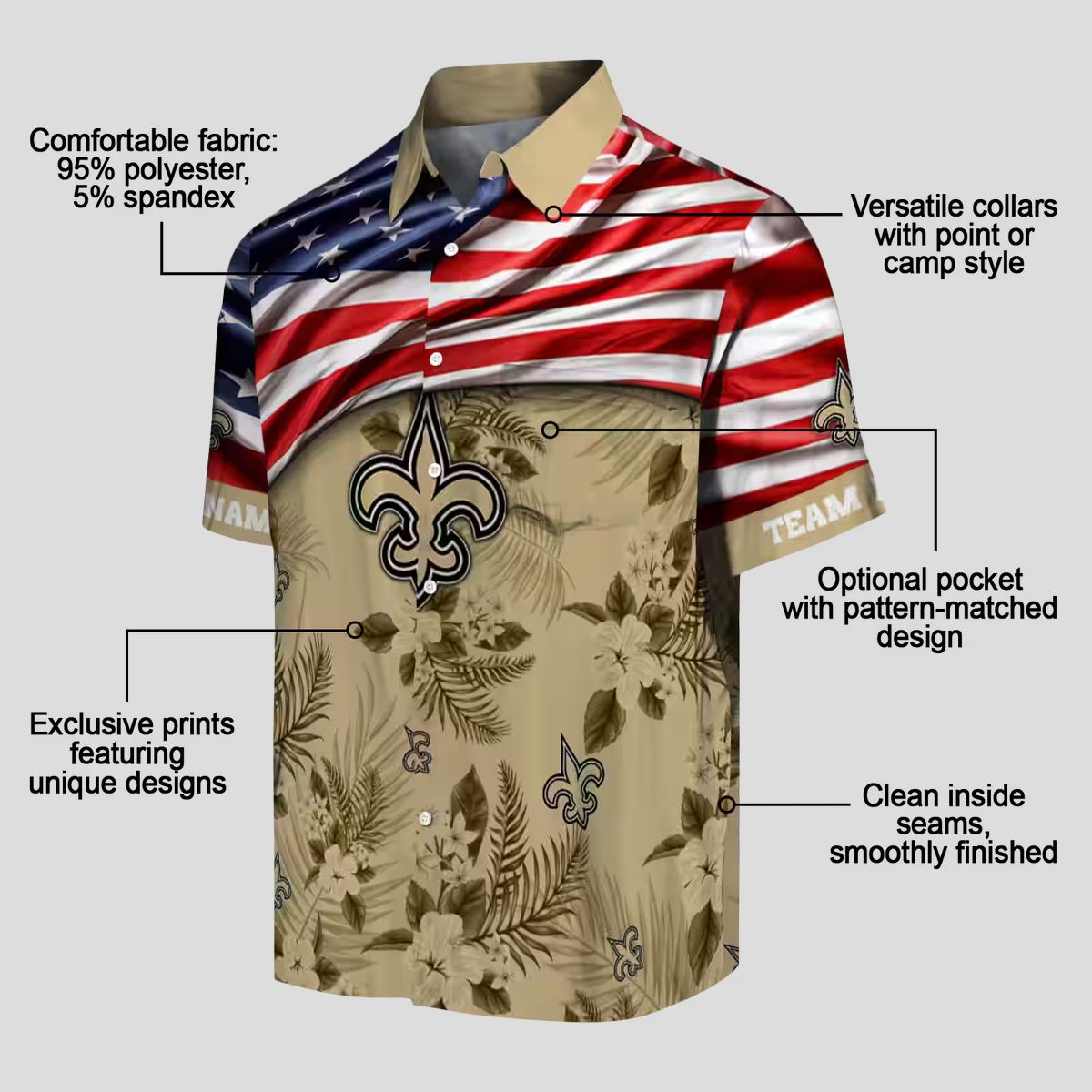 New Orleans Saints Gold Hibiscus Hawaiian Shirt - American Flag Design