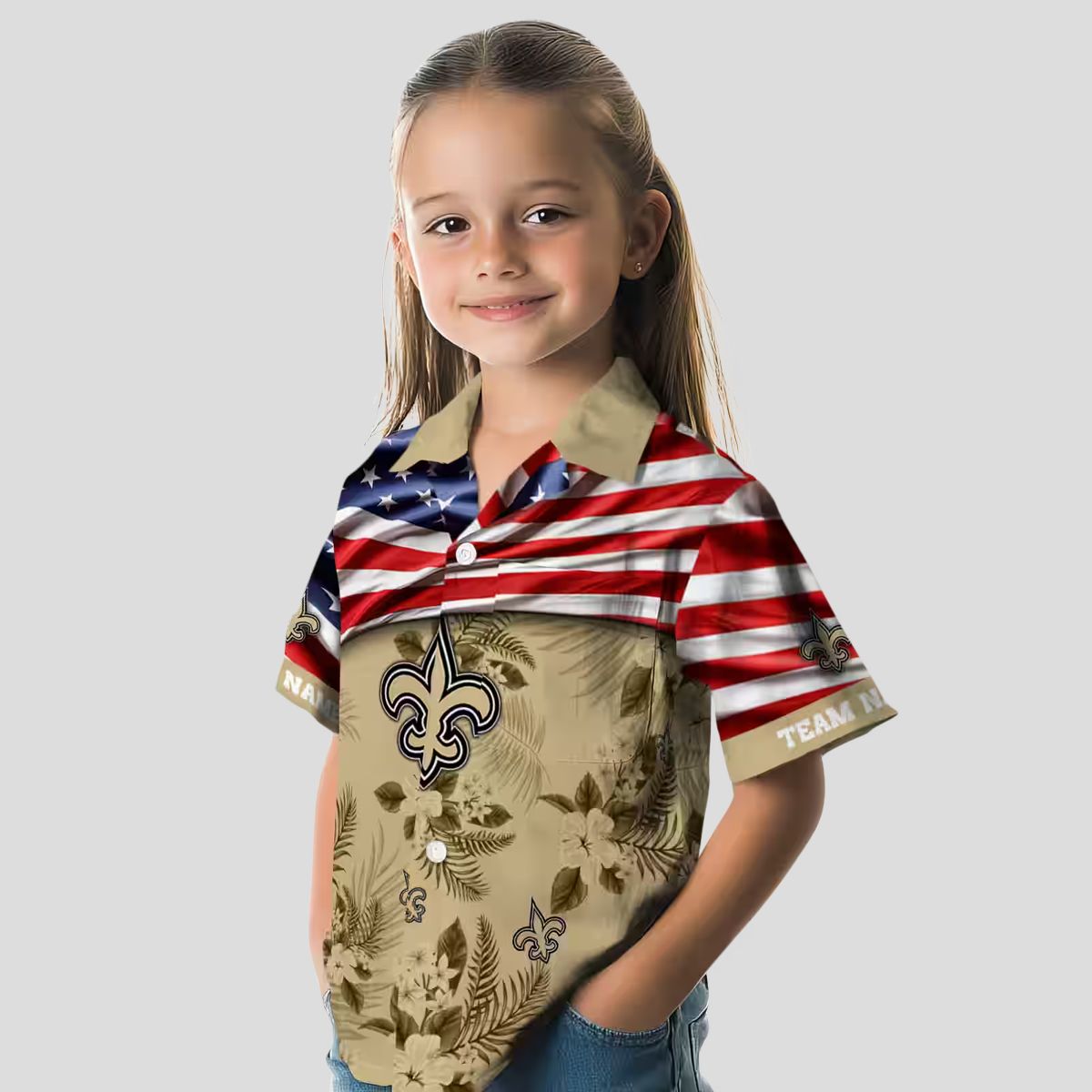 New Orleans Saints Gold Hibiscus Hawaiian Shirt - American Flag Design