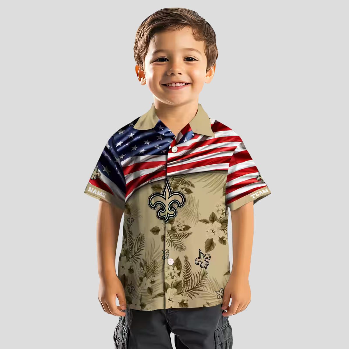New Orleans Saints Gold Hibiscus Hawaiian Shirt - American Flag Design