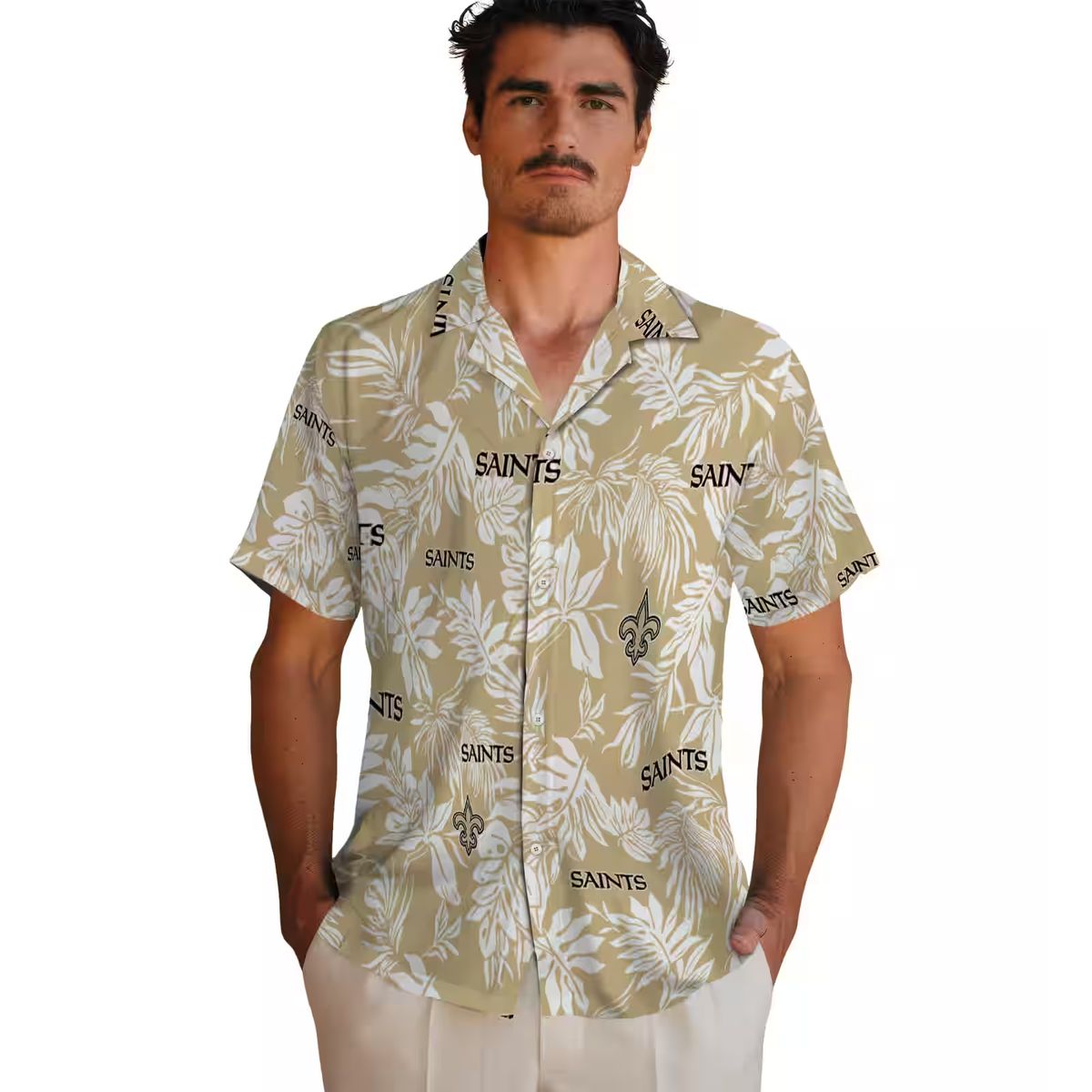 New Orleans Saints Gold White Hawaiian Shirt, Tropical Leaf Print NFL Fanwear