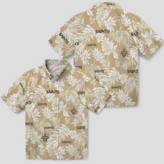 New Orleans Saints Gold White Hawaiian Shirt, Tropical Leaf Print NFL Fanwear