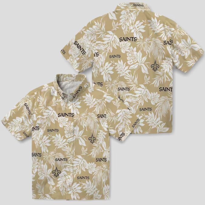 New Orleans Saints Gold White Hawaiian Shirt, Tropical Leaf Print NFL Fanwear