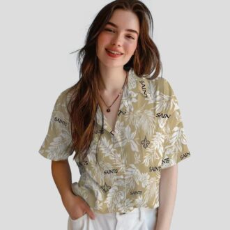 New Orleans Saints Gold White Hawaiian Shirt, Tropical Leaf Print NFL Fanwear