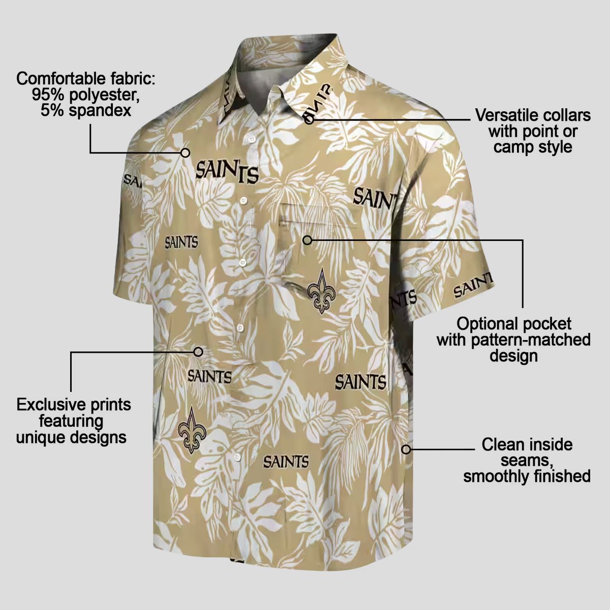 New Orleans Saints Gold White Hawaiian Shirt, Tropical Leaf Print NFL Fanwear