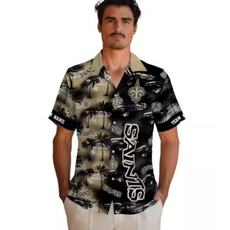 New Orleans Saints Hawaiian Aloha Shirt, Gold Palm Silhouette NFL Fan Edition