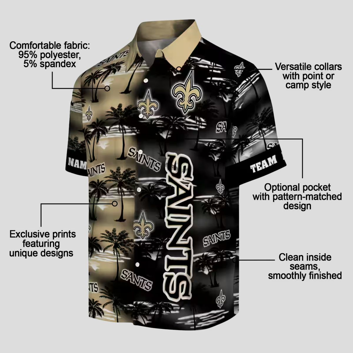 New Orleans Saints Hawaiian Aloha Shirt, Gold Palm Silhouette NFL Fan Edition