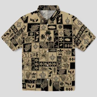 New Orleans Saints Hawaiian Shirt - Tropical Gold Black Patchwork Design