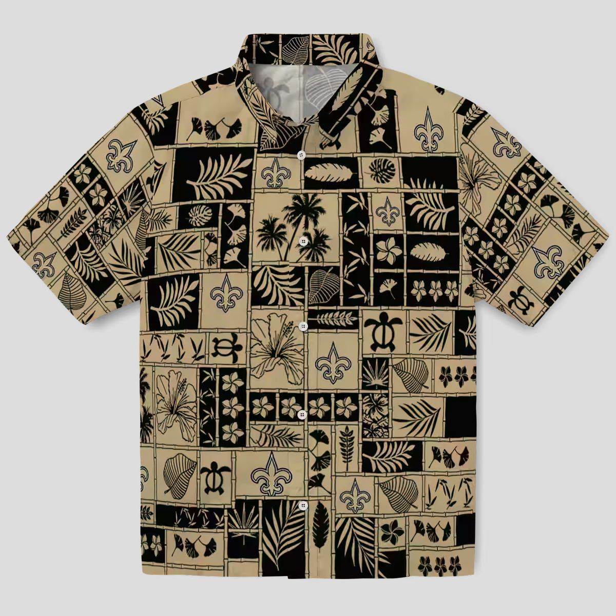 New Orleans Saints Hawaiian Shirt - Tropical Gold Black Patchwork Design