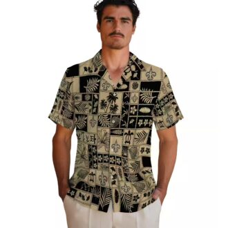 New Orleans Saints Hawaiian Shirt - Tropical Gold Black Patchwork Design