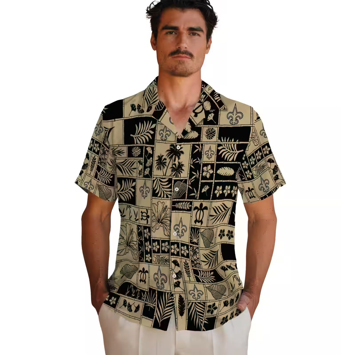 New Orleans Saints Hawaiian Shirt - Tropical Gold Black Patchwork Design