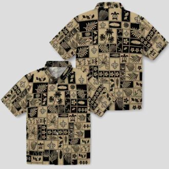 New Orleans Saints Hawaiian Shirt - Tropical Gold Black Patchwork Design