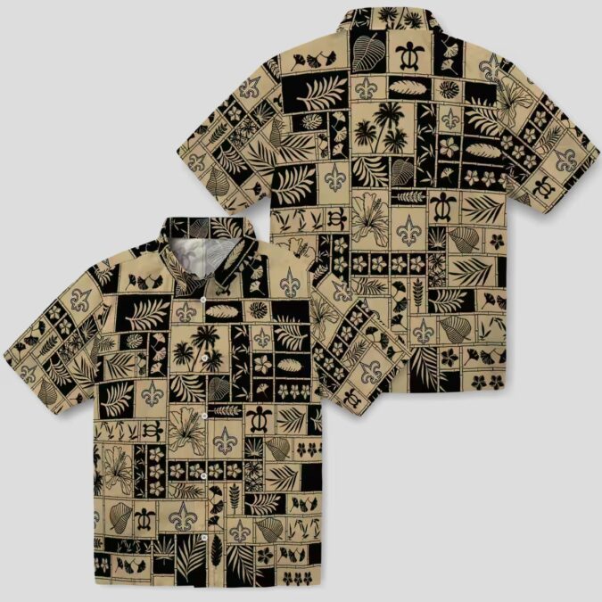 New Orleans Saints Hawaiian Shirt - Tropical Gold Black Patchwork Design