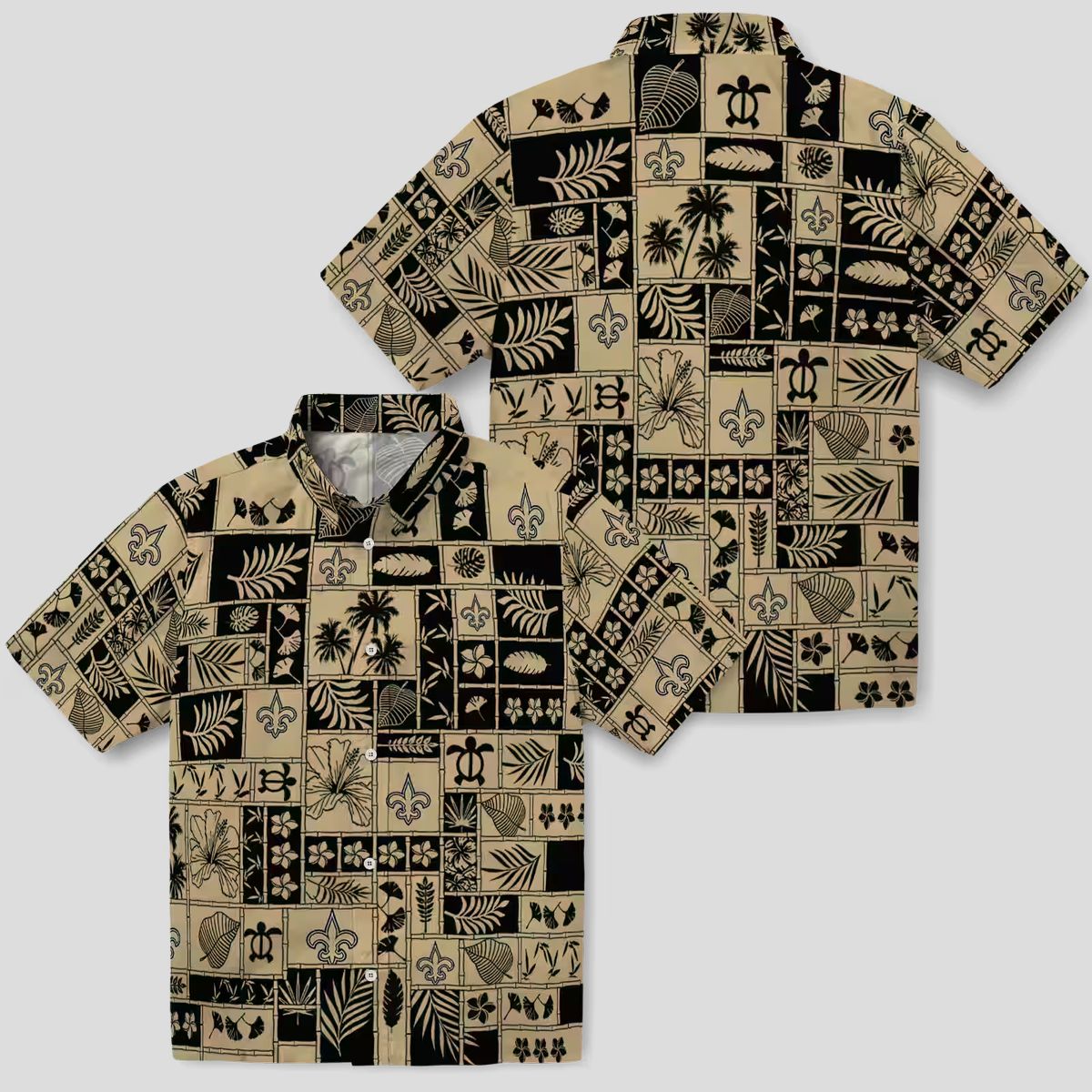 New Orleans Saints Hawaiian Shirt - Tropical Gold Black Patchwork Design