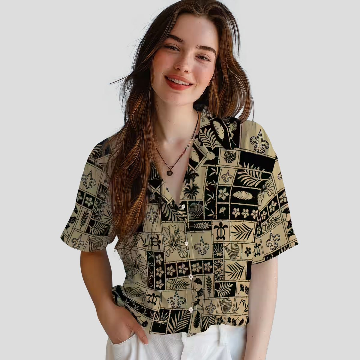 New Orleans Saints Hawaiian Shirt - Tropical Gold Black Patchwork Design