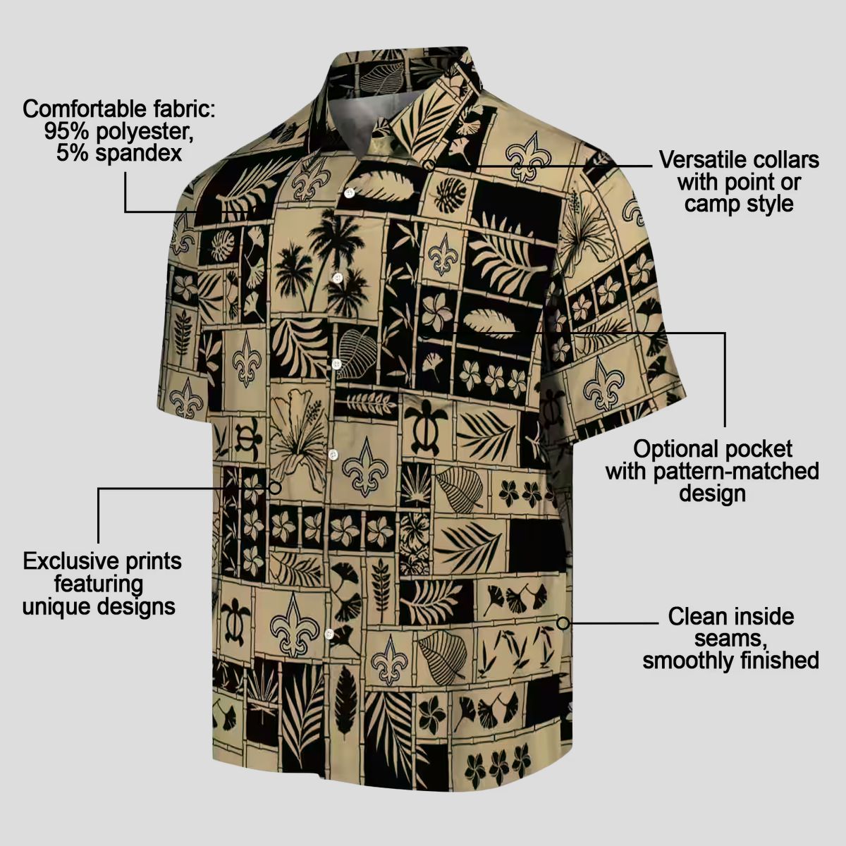 New Orleans Saints Hawaiian Shirt - Tropical Gold Black Patchwork Design