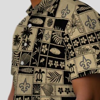 New Orleans Saints Hawaiian Shirt - Tropical Gold Black Patchwork Design