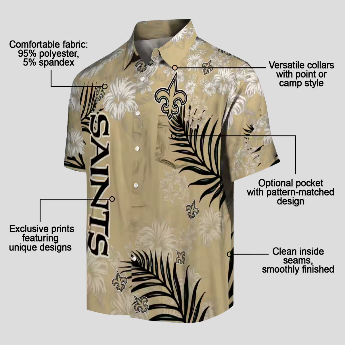 New Orleans Saints Hibiscus Hawaiian Shirt, Limited Edition Gold Tropical NFL Shirt
