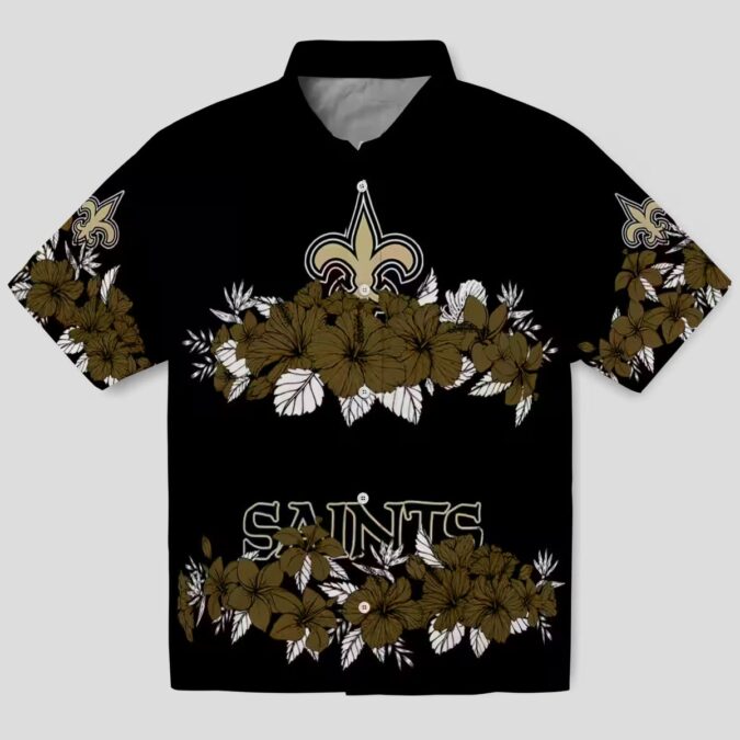 New Orleans Saints Hibiscus Stripe Hawaiian Shirt - Gold Black Theme Outfit