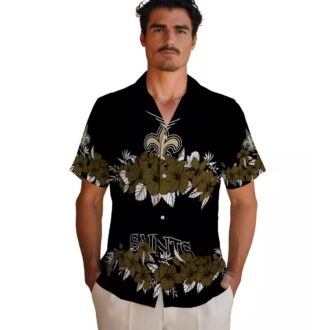 New Orleans Saints Hibiscus Stripe Hawaiian Shirt - Gold Black Theme Outfit
