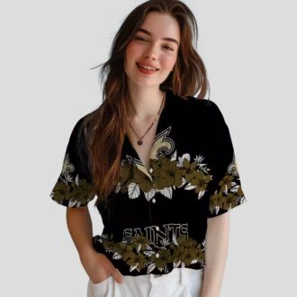 New Orleans Saints Hibiscus Stripe Hawaiian Shirt - Gold Black Theme Outfit