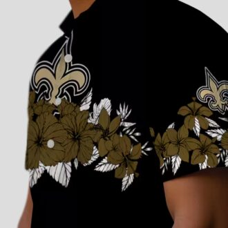 New Orleans Saints Hibiscus Stripe Hawaiian Shirt - Gold Black Theme Outfit