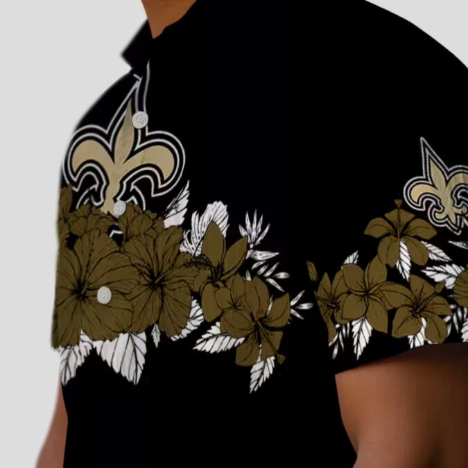 New Orleans Saints Hibiscus Stripe Hawaiian Shirt - Gold Black Theme Outfit
