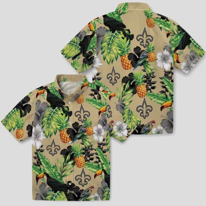 New Orleans Saints NFL Hawaiian Shirt, Pineapple Toucan Hibiscus Gold Green Shirt