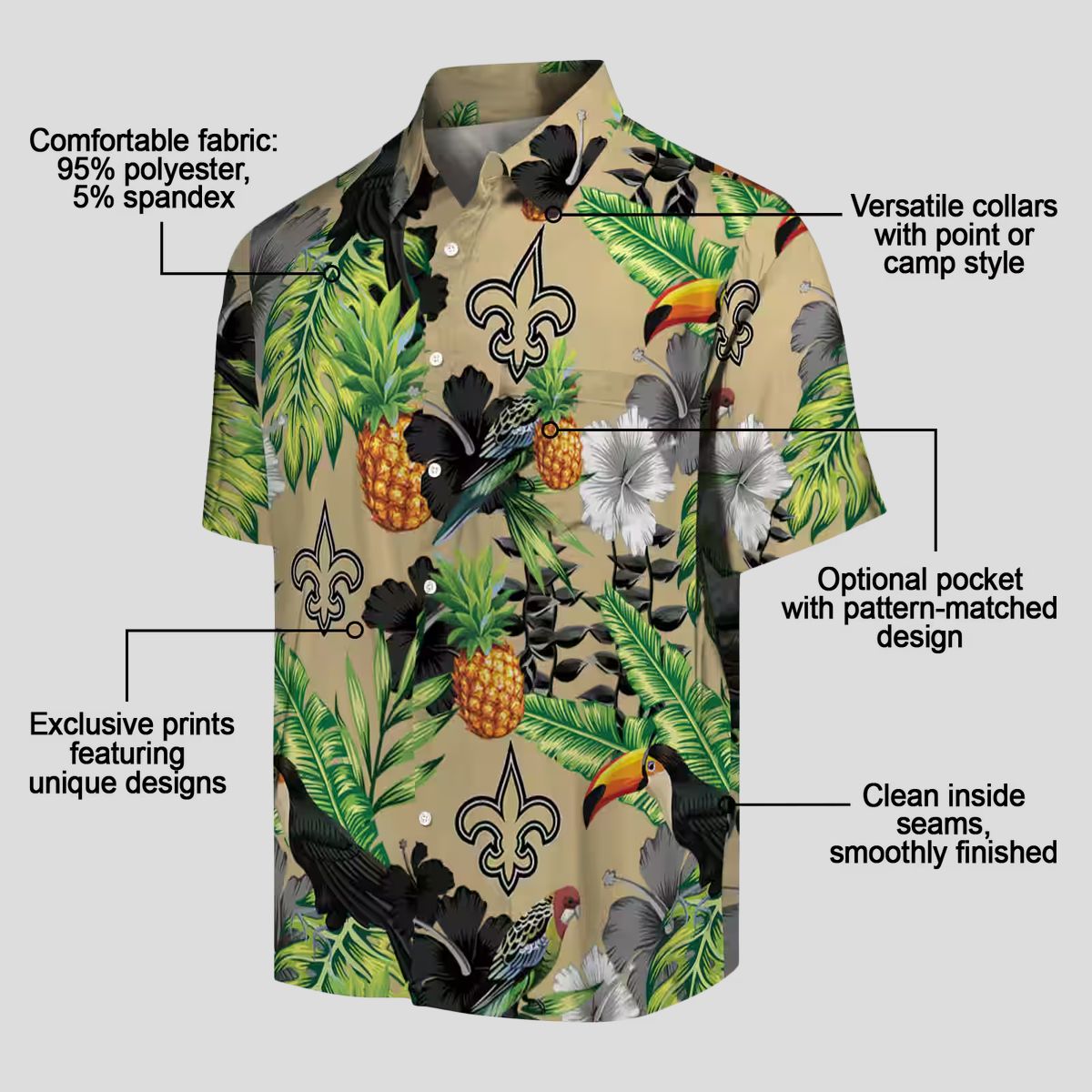 New Orleans Saints NFL Hawaiian Shirt, Pineapple Toucan Hibiscus Gold Green Shirt