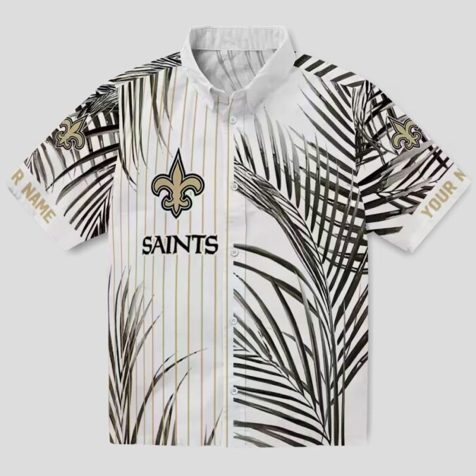 New Orleans Saints Palm Print Hawaiian Shirt - Black Gold Stripes, Fast Shipping USA
