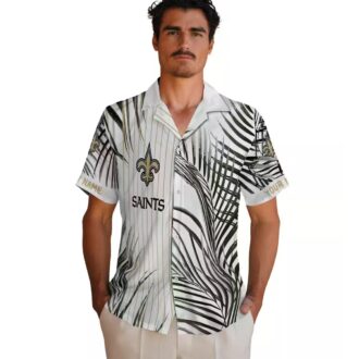 New Orleans Saints Palm Print Hawaiian Shirt - Black Gold Stripes, Fast Shipping USA