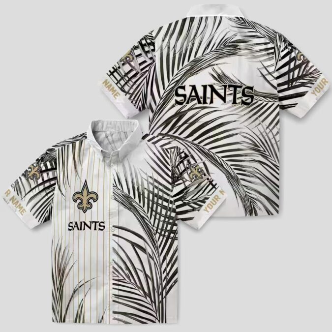New Orleans Saints Palm Print Hawaiian Shirt - Black Gold Stripes, Fast Shipping USA