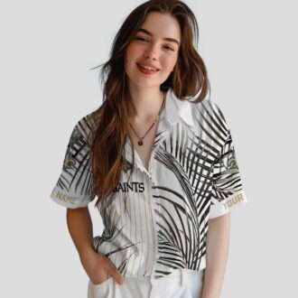 New Orleans Saints Palm Print Hawaiian Shirt - Black Gold Stripes, Fast Shipping USA