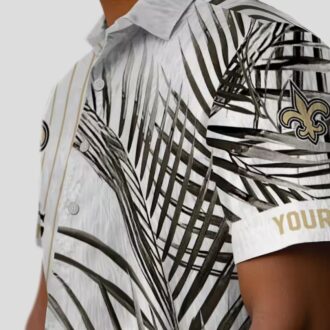 New Orleans Saints Palm Print Hawaiian Shirt - Black Gold Stripes, Fast Shipping USA
